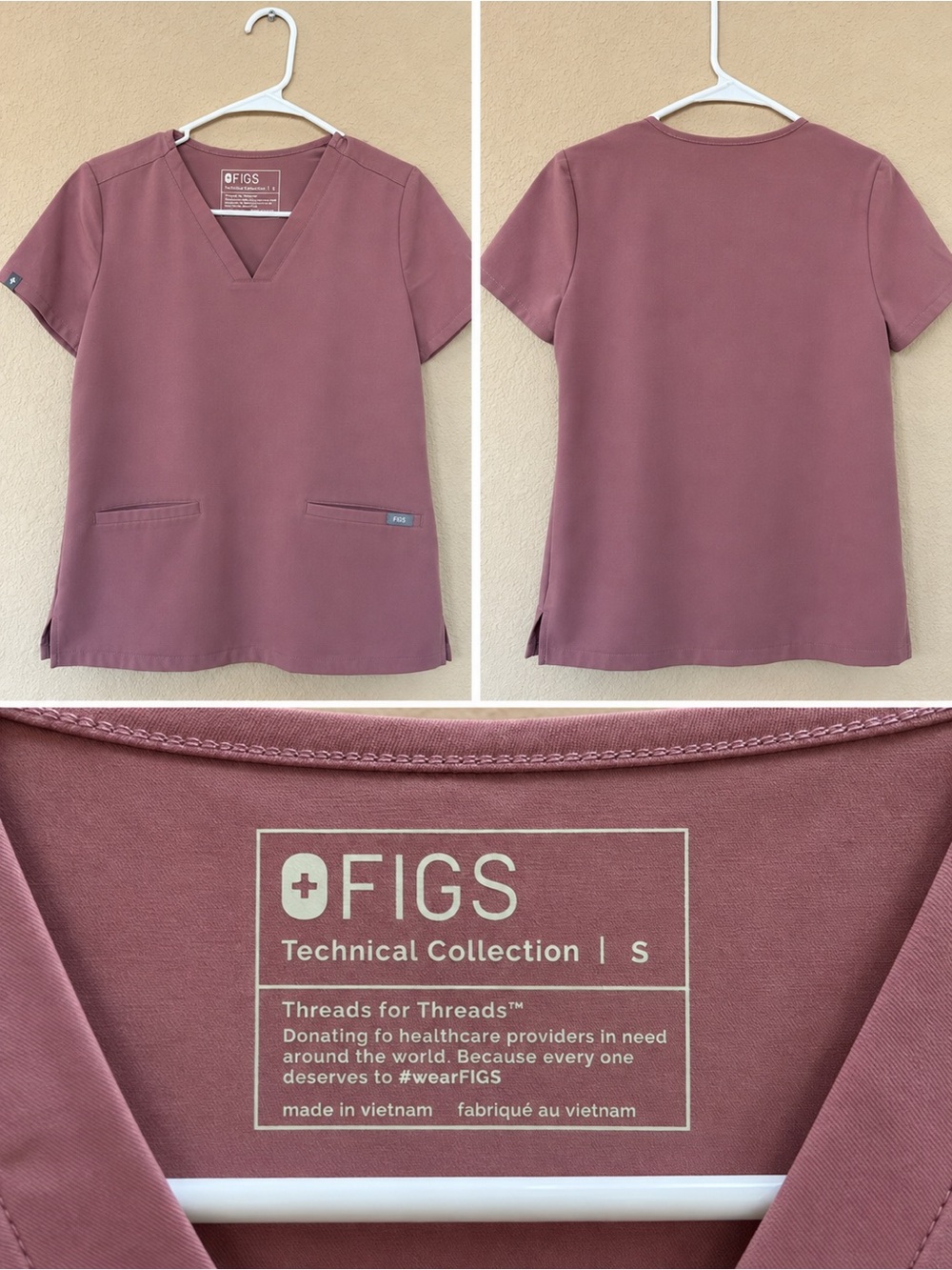 FIGS Casma 3-Pocket Scrub Top Dusty Mauve Pink Size S